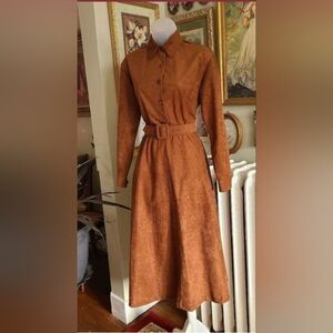 Rust Faux Suede Belted Long Sleeve Midi Dress